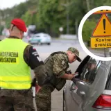 Żołnierze Żandarmerii Wojskowej przeprowadzają kontrolę graniczną. Na znaku drogowym widnieje napis "Kontrola graniczna".