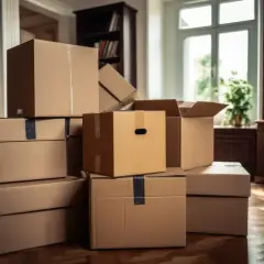 Stos kartonów sugeruje przeprowadzkę lub eksmisję.
