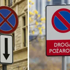 Dwa znaki: okrągły z niebieskim polem i czerwonym krzyżem (zakaz postoju) ze strzałką w dół oraz prostokątny z napisem "DROGA POŻAROWA" i symbolem zakazu zatrzymywania.