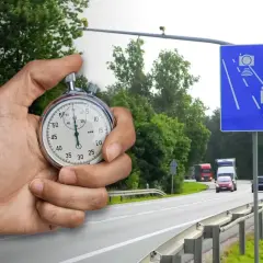 Dłoń trzyma stoper obok drogi z fotoradarem i znakiem informującym o kontroli prędkości. Czas ucieka, uważaj na ograniczenia!