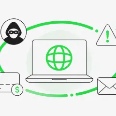 Ilustracja przedstawia schemat cyberprzestępczości: złodziej, laptop z globem, karta płatnicza, koperta i znaki ostrzegawcze.