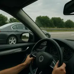 Widok z wnętrza samochodu na autostradzie. Szary sedan wykonuje wyprzedzanie z prawej strony, mijając nasz pojazd.