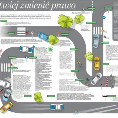 Przejście dla pieszych z sygnalizacją świetlną, na którym stoi pieszy. Obok przejeżdża samochód.