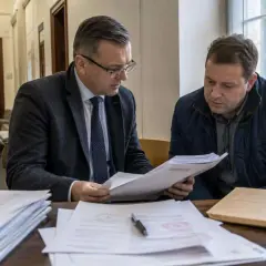 Dwóch mężczyzn analizuje dokumenty. Jeden w garniturze, drugi w kurtce, siedzą przy biurku. Sprawa dotyczy 271 kk.