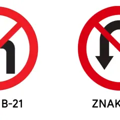 Znak B-21 zakazuje skrętu w lewo, a znak B-23 zakazuje zawracania na skrzyżowaniu.