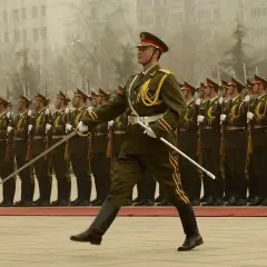 Kadet w galowym mundurze prowadzi defiladę, trzymając szablę. Za nim szeregi żołnierzy z karabinami.