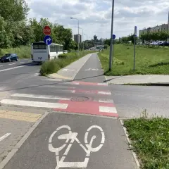 Wyraźna droga dla rowerów z oznakowaniem, obok pasy dla pieszych i jezdnia z autobusem.