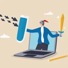 Rycerz z tarczą i mieczem broni laptopa przed atakami strzałek. Symbolizuje cyberbezpieczeństwo i ochronę danych.