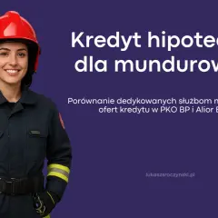 Uśmiechnięta strażaczka w hełmie. Kredyt hipoteczny dla mundurowych – porównanie ofert PKO BP i Alior Bank.