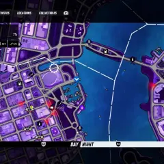 Mapa Downtown Palm City z gry NFS Heat. Szukasz sposobu, jak uciec policji? Zwróć uwagę na oznaczenia na mapie, które pomogą Ci w tej misji.