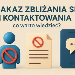 Zakaz zbliżania się i kontaktowania. Ikony: człowiek, dokument, telefon.