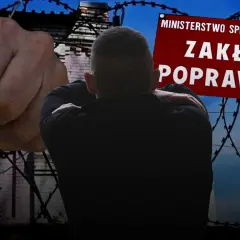 Zaciśnięta pięść i sylwetka młodego człowieka na tle drutu kolczastego i tablicy "Zakład Poprawczy".