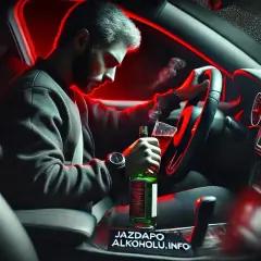 Mężczyzna za kierownicą z butelką i szklanką alkoholu. Grozi mu 178a kk.