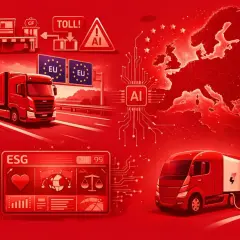 Ciężarówka na drodze, znak zakazu wyprzedzania dla ciężarówek, mapa Europy z AI, ładowanie elektrycznego pojazdu.