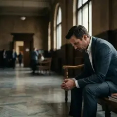 Mężczyzna w garniturze siedzi na ławce w korytarzu sądowym, zamyślony. Obok niego akta sprawy, być może dotyczącej art. 233 kk.