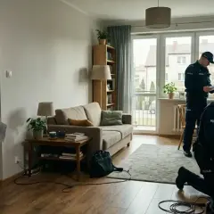 Kiedy policja przychodzi do domu, funkcjonariusze przeszukują szuflady, a mężczyzna z dokumentami czeka.