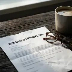 Dokument "Rozwiązanie bez wypowiedzenia" leży obok okularów i kawy. To może być związane z art. 52 Kodeksu pracy.