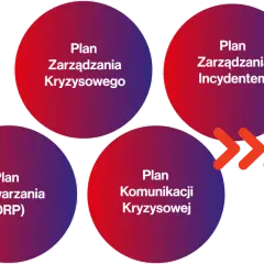 Kluczowe elementy zarządzania kryzysowego: plan ciągłości, plan zarządzania kryzysowego, plan incydentu, plan odtwarzania i plan komunikacji.