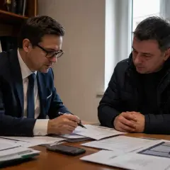 Mężczyzna w garniturze tłumaczy coś z dokumentów, podczas gdy drugi mężczyzna w kurtce słucha uważnie. Rozmowa dotyczy sprawy 286 kk.