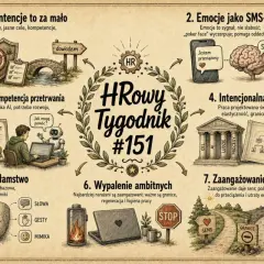 Ilustracja przedstawia kompozycję siedmiu punktów dotyczących HR. W centrum znajduje się logo "HRowy Tygodnik #151".