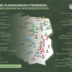 Mapa jednostek wojskowych w Polsce po 2018 r. przedstawia rozmieszczenie wojsk, w tym 1. Dywizji Piechoty Legionów, 16. i 18. Dywizji Zmechanizowanej.