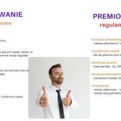 Mężczyzna z kciukami w górze obok tekstu o premii uznaniowej i regulaminowej.