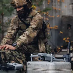 Żołnierz w kamuflażu pracuje na laptopie podczas ćwiczeń wojskowych. Obok leży dron i radiostacja.
