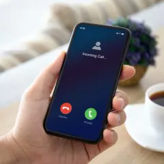 Dłoń trzyma smartfon z ekranem połączenia przychodzącego.