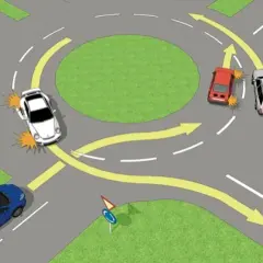 Ilustracja pokazuje kolizję na rondzie. Biały samochód nie ustąpił pierwszeństwa czerwonym i srebrnym autom, co pokazuje, kto ma pierwszeństwo na rondzie.