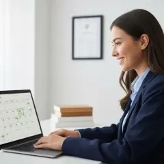 Uśmiechnięta kobieta planuje urlop szkoleniowy na kalendarzu w laptopie.