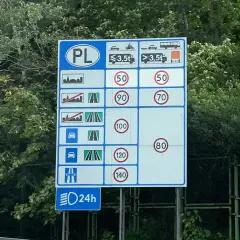 Znak informuje o ograniczeniach prędkości w Polsce dla różnych typów pojazdów i dróg.