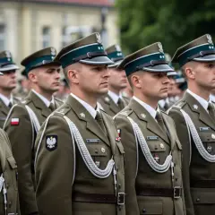 Szeregi żołnierzy w mundurach, jeden z nich to chorąży, stoją na baczność.