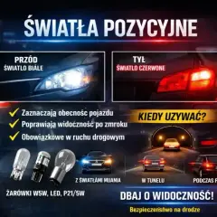 Światła pozycyjne: białe z przodu, czerwone z tyłu. Zwiększają widoczność i bezpieczeństwo, obowiązkowe w ruchu drogowym.