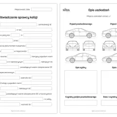 Formularz oświadczenia sprawcy kolizji drogowej, z miejscem na dane kierowców, opis uszkodzeń pojazdów i szkiców samochodów.