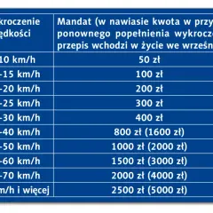 Tabela mandatów za przekroczenie prędkości. Przekroczenie o 16-20 km/h to 200 zł.