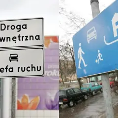 Znaki drogowe informują o wjeździe do strefy ruchu. Widać symbol samochodu, pieszych i domku.