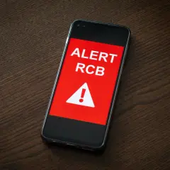 Telefon wyświetla komunikat "ALERT RCB" i symbol ostrzeżenia. To sygnał, że podniesiono stopnie alarmowe.