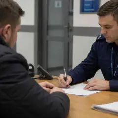 Policjant spisuje zeznanie. Czas oczekiwania na wezwanie na policję bywa różny, zależy od sprawy.
