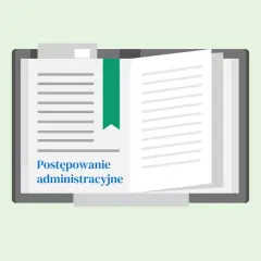 Otwarta księga z zieloną zakładką, na której widnieje napis "Postępowanie administracyjne".