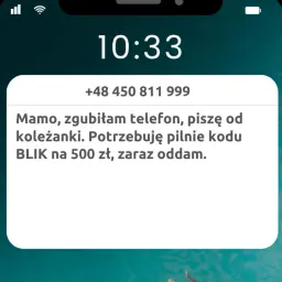 Oszustwo na BLIK: wiadomość od nieznanego numeru z prośbą o kod do pilnego przelewu 500 zł.