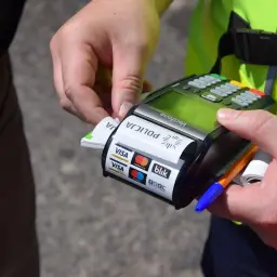 Policjant pokazuje, jak zapłacić mandat kartą. Terminal płatniczy z logo Visa, Mastercard i Blik.