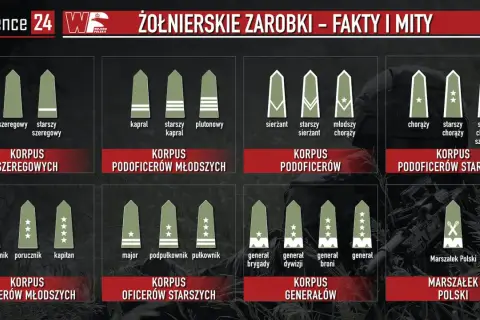 Grafika pokazuje stopnie wojskowe i ich oznaczenia. Podporucznik, pierwszy stopień oficerski, zarabia mniej niż porucznik czy kapitan.