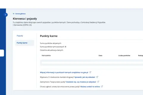 Panel mObywatel: sekcja "Kierowca i pojazdy" pokazuje dane z CEPIK, w tym podsumowanie punktów karnych.