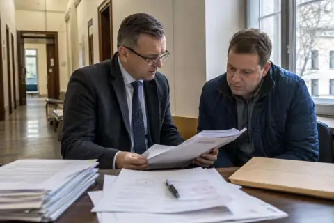 Dwóch mężczyzn analizuje dokumenty. Jeden w garniturze, drugi w kurtce, siedzą przy biurku. Sprawa dotyczy 271 kk.