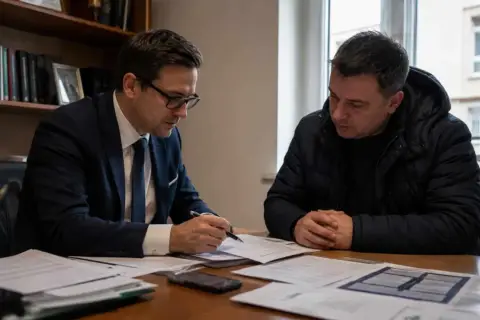 Mężczyzna w garniturze tłumaczy coś z dokumentów, podczas gdy drugi mężczyzna w kurtce słucha uważnie. Rozmowa dotyczy sprawy 286 kk.