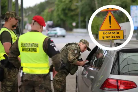 Żołnierze Żandarmerii Wojskowej przeprowadzają kontrolę graniczną. Na znaku drogowym widnieje napis "Kontrola graniczna".