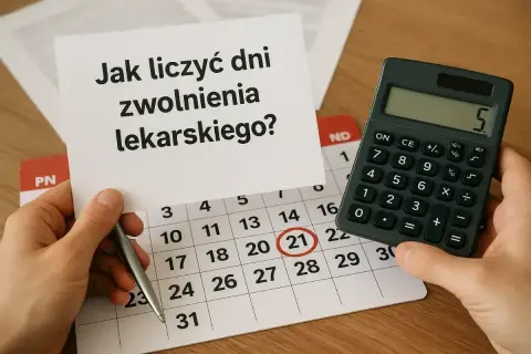 Ręce trzymają kartkę z napisem "Jak liczyć dni zwolnienia lekarskiego?", obok kalendarza z zaznaczonym 21 dniem i kalkulatora.