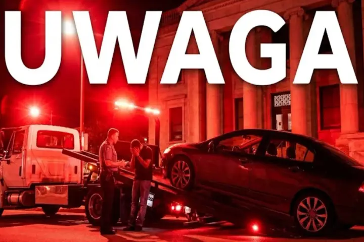 Policjant rozmawia ze zrozpaczonym kierowcą, gdy jego samochód jest ładowany na lawetę. Konfiskata samochodu w nocy, oświetlona czerwonymi światłami.