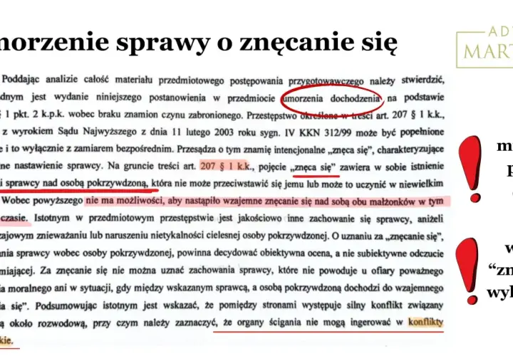 Umorzenie sprawy o znęcanie się wg art. 207 § 1 k.k. Wzajemne znęcanie się wyklucza winę.