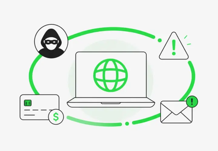 Ilustracja przedstawia schemat cyberprzestępczości: złodziej, laptop z globem, karta płatnicza, koperta i znaki ostrzegawcze.
